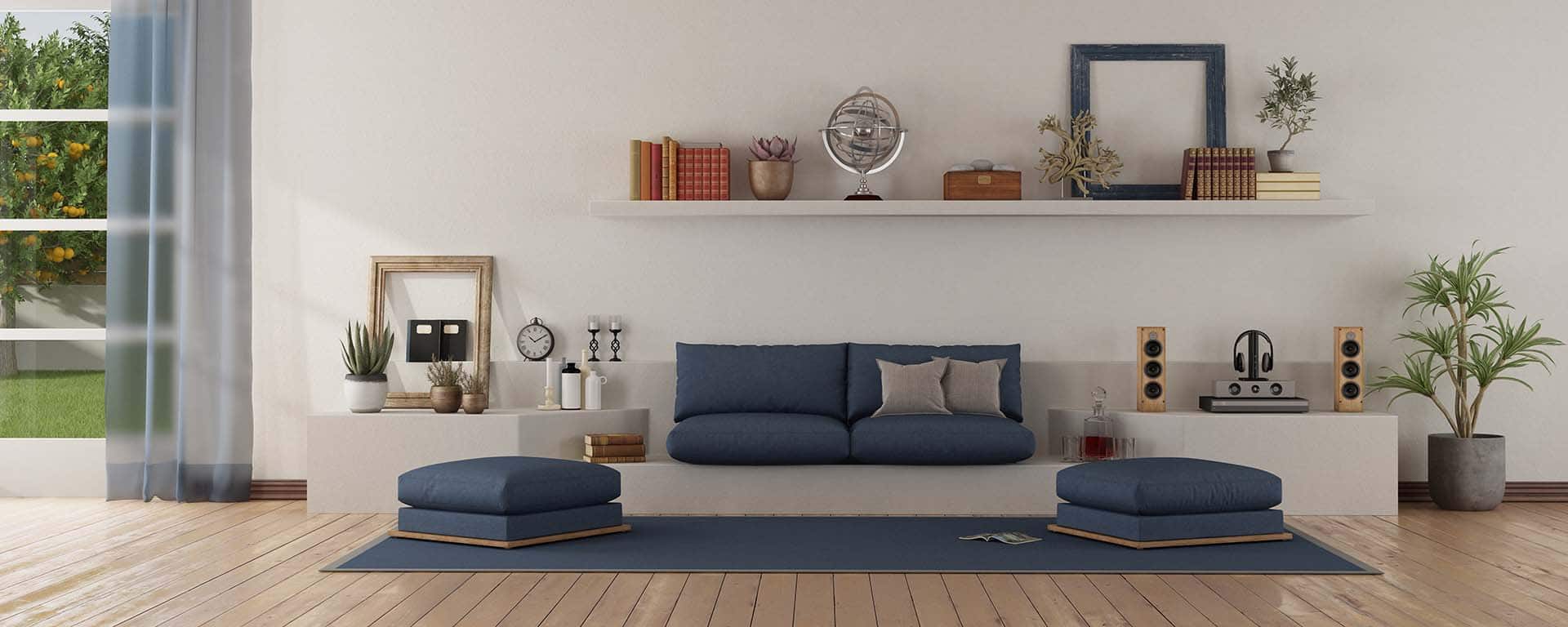 Modern white and blue living room with sofa with sofa on a white masonry structure - 3d rendering