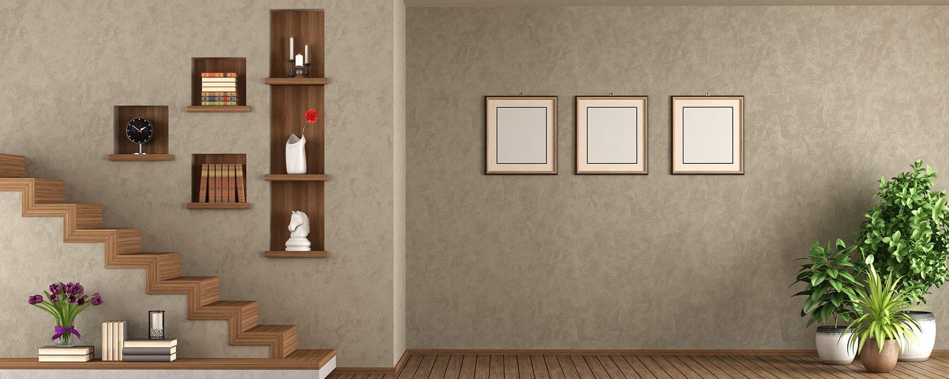 Empty living room with staircase and wooden niche on wall - 3d rendering