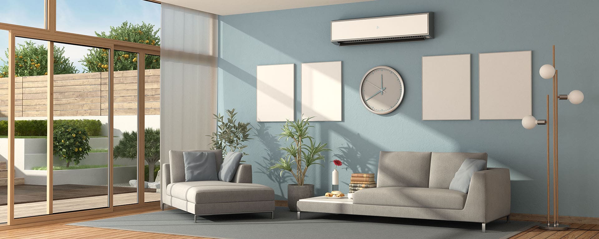 Blue living room of a modern villa with sofa ,chaise lounge and air conditioner - 3d rendering
